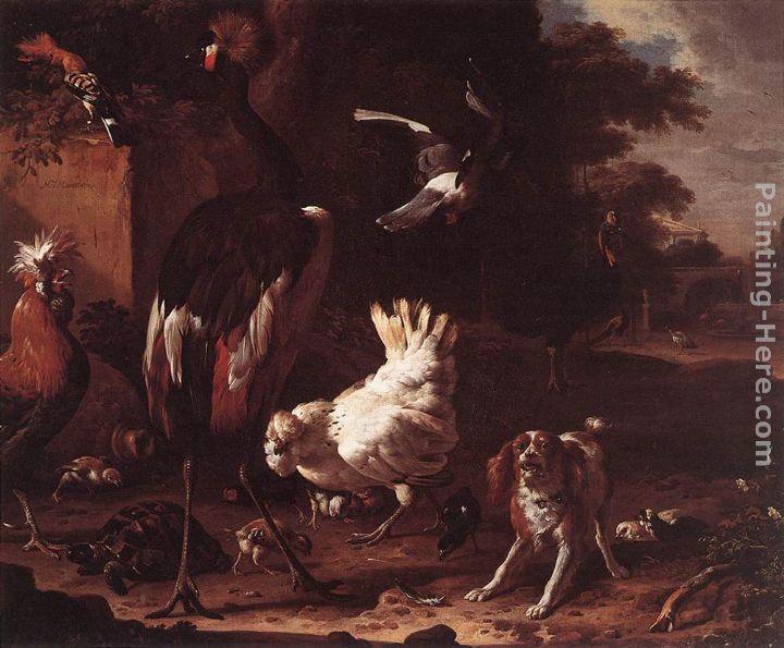 Melchior de Hondecoeter Birds and a Spaniel in a Garden
